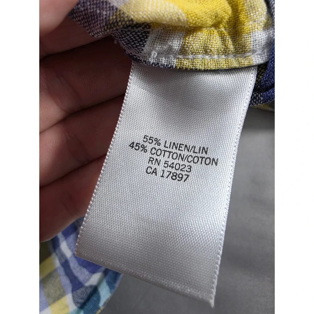 Banana Republic Linen Blend Short Sleeve Plaid Shirt Mens Small Yellow Blue
